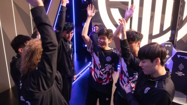 Team TSM huddles before competing during week 3 of the 2023 LCS Spring Split at the Riot Games Arena on February 9, 2023. (Photo by Robert Paul/Riot Games)